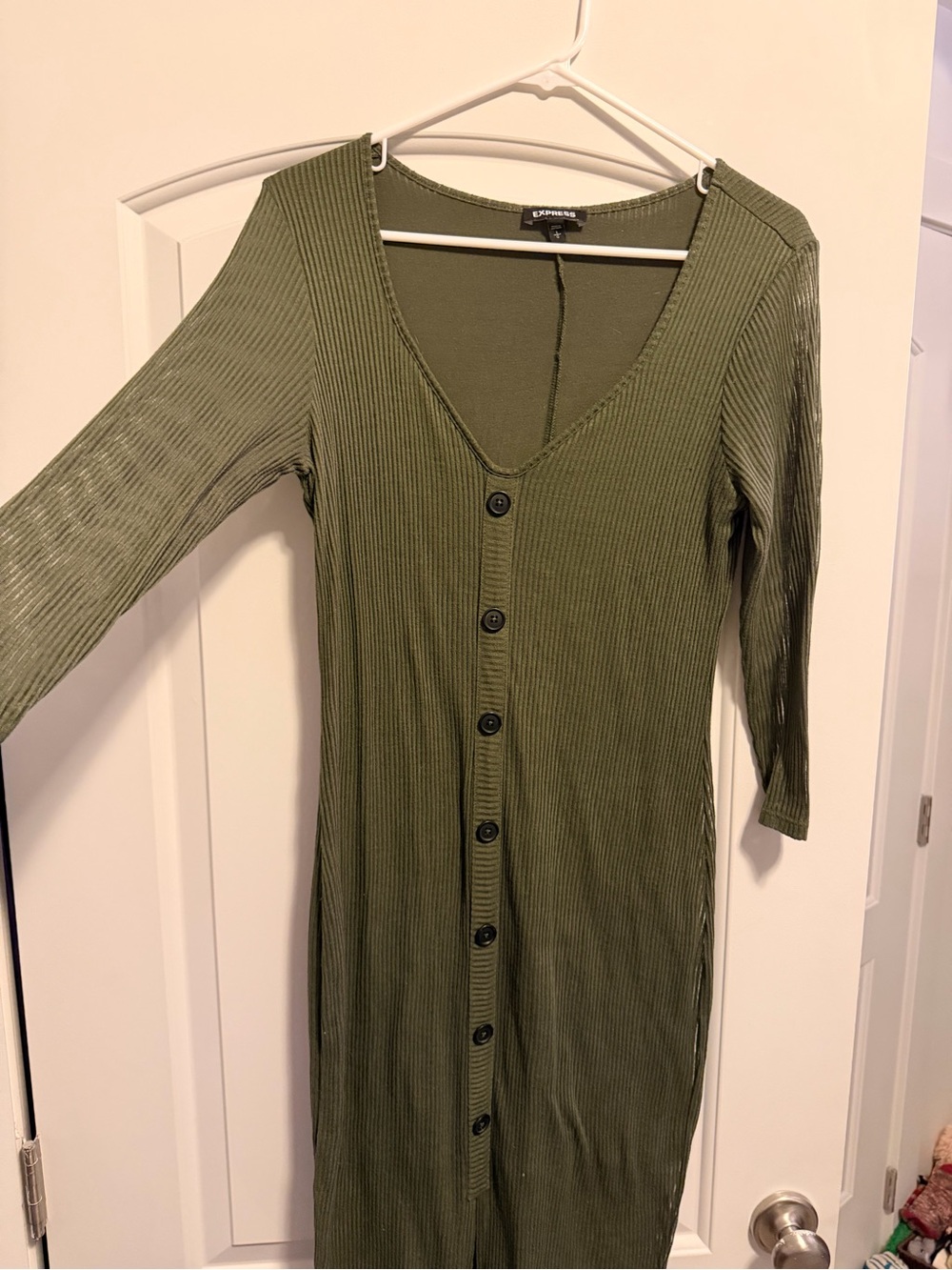 Express Olive Green Ribbed Button-Front Midi Dress
